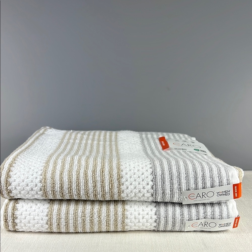 Caro Home Bath Towel Set White Gray Tan Stripe Plush Soft 100% Cotton 2 Pc NEW